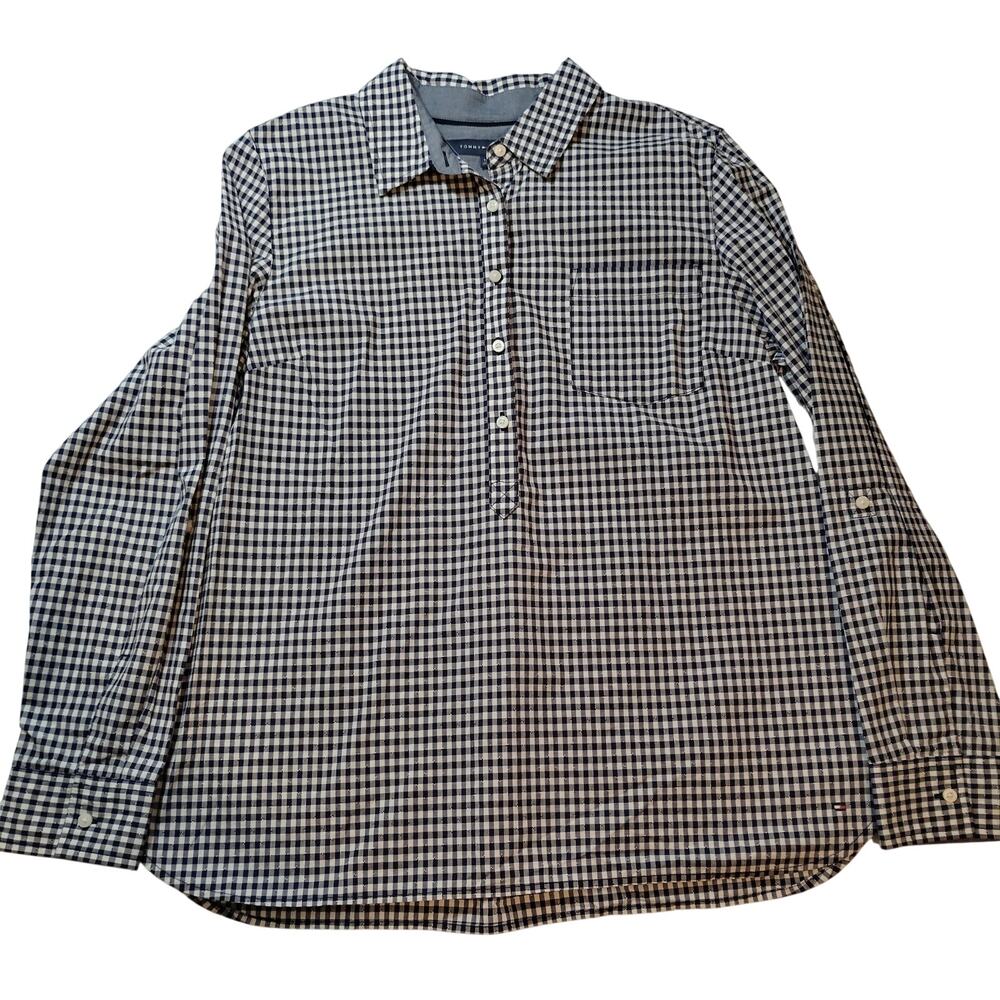 Tommy Hilfiger Mens XL Long Sleeve Gingham Popover Shirt Blue White Check Flag